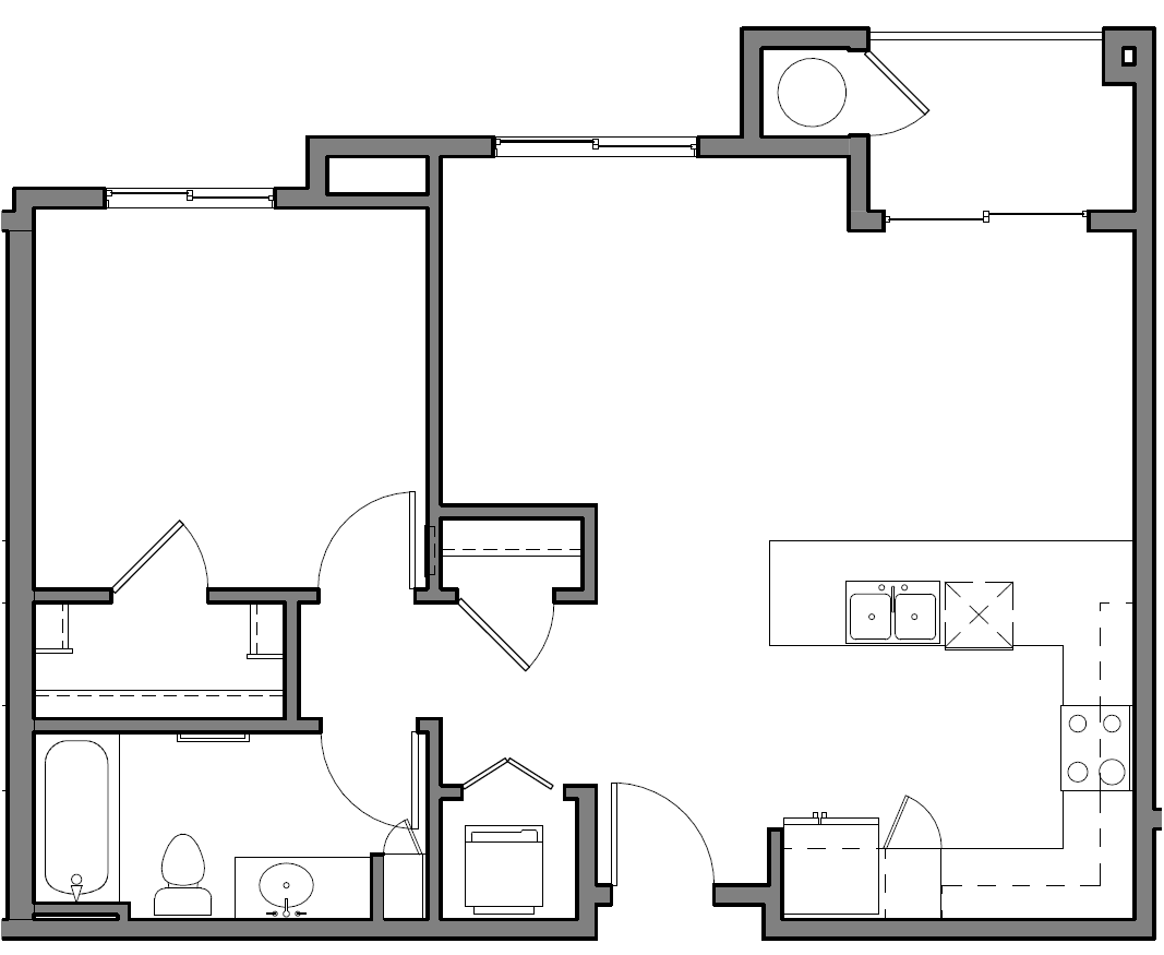 Floor plan for 1 bed, 1 bath, 742 sqft